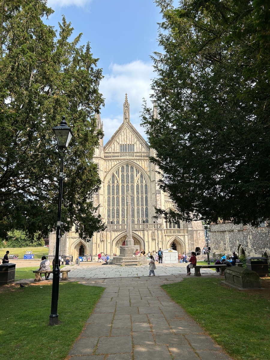 A cathedral is seen with trees in the foreground.